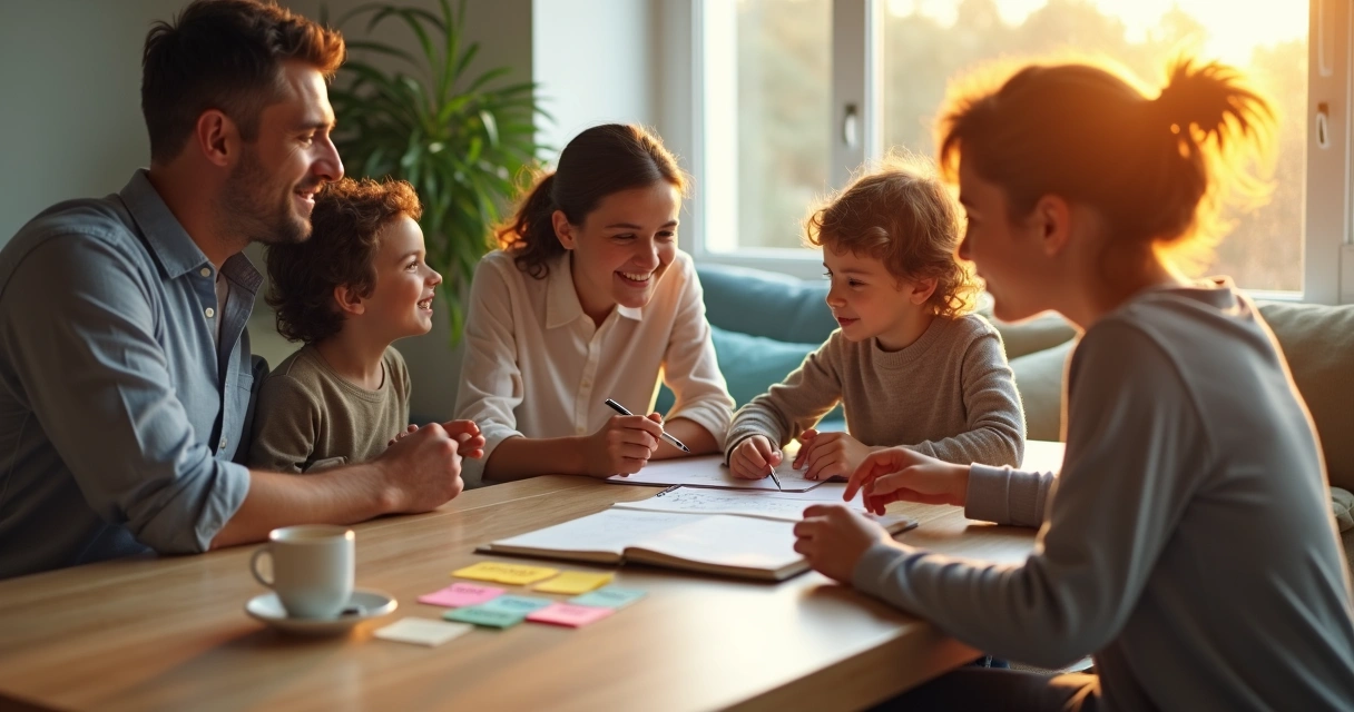 Familia conversando unida alrededor de una mesa con acuerdos escritos 