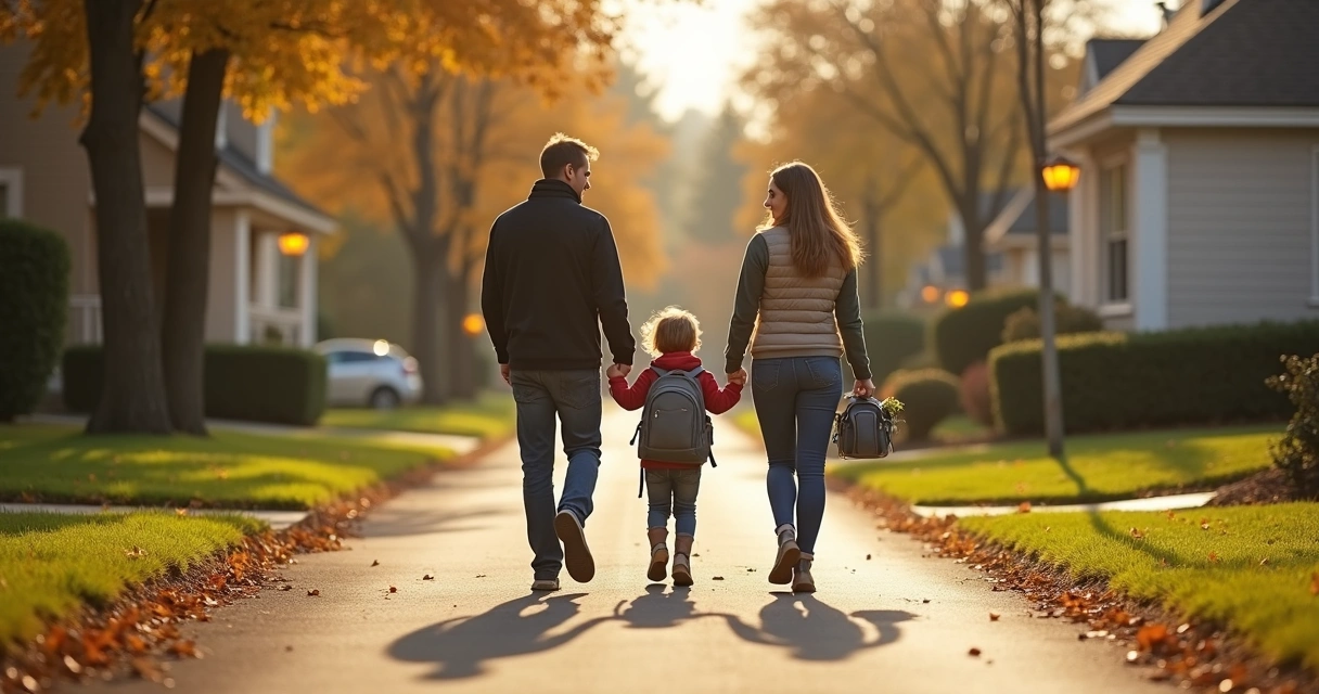 Família caminhando em rua residencial nos EUA, criança com mochila escolar