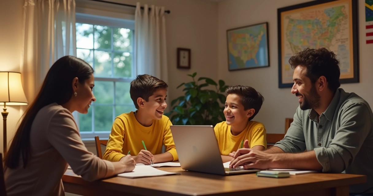 Família de brasileiros aprendendo inglês e interagindo nos EUA 