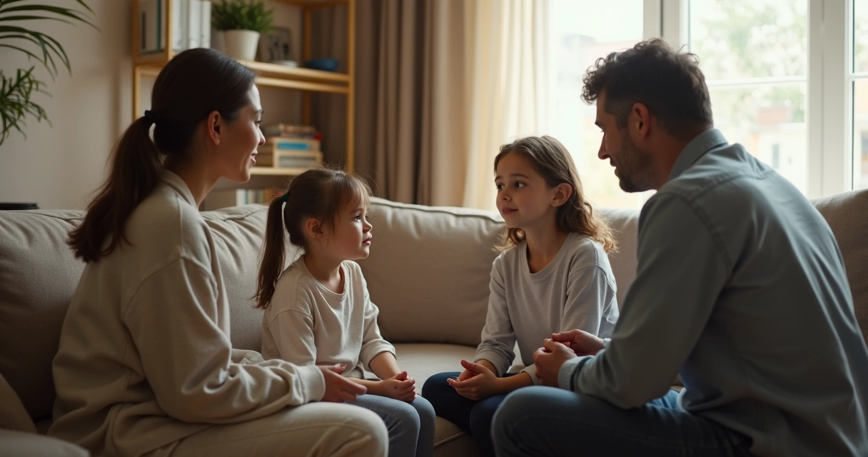 Família em conversa acolhedora na sala