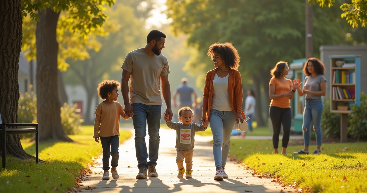 Familia adoptiva diversa caminando de la mano en un parque comunitario 