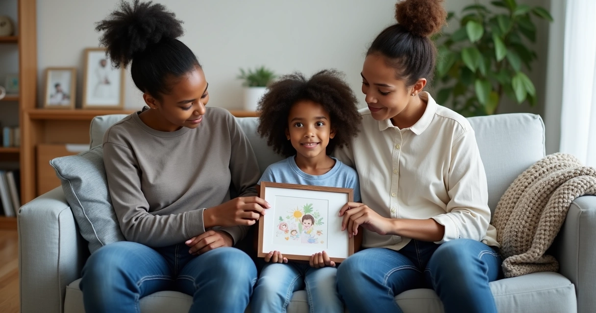 Família adotiva sentada no sofá com criança entre os pais 