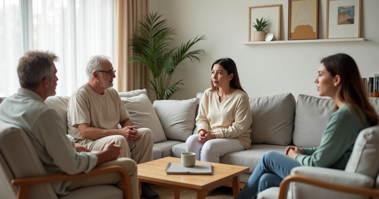 Família adulta conversando na sala estabelecendo limites com afeto 