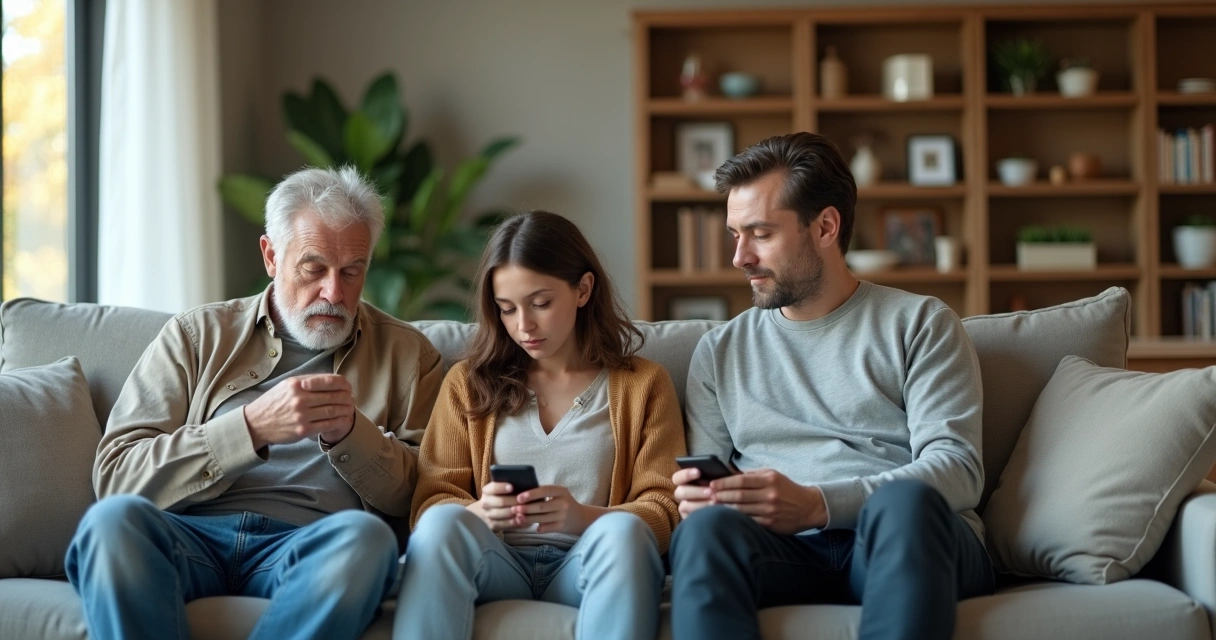 Três adultos da mesma família sentados distantes no sofá em silêncio 