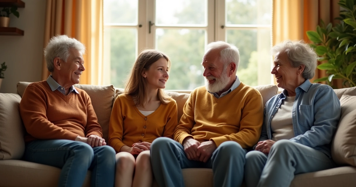 Família adulta em sala de estar conversando tranquila 