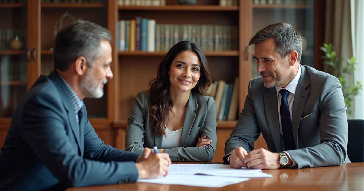 Família brasileira sentada com advogada em cartório, discutindo documentos de inventário 