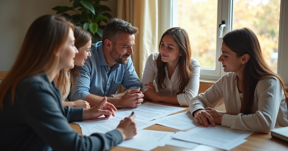 Família conversando com advogado sobre processo de ação de medicamento