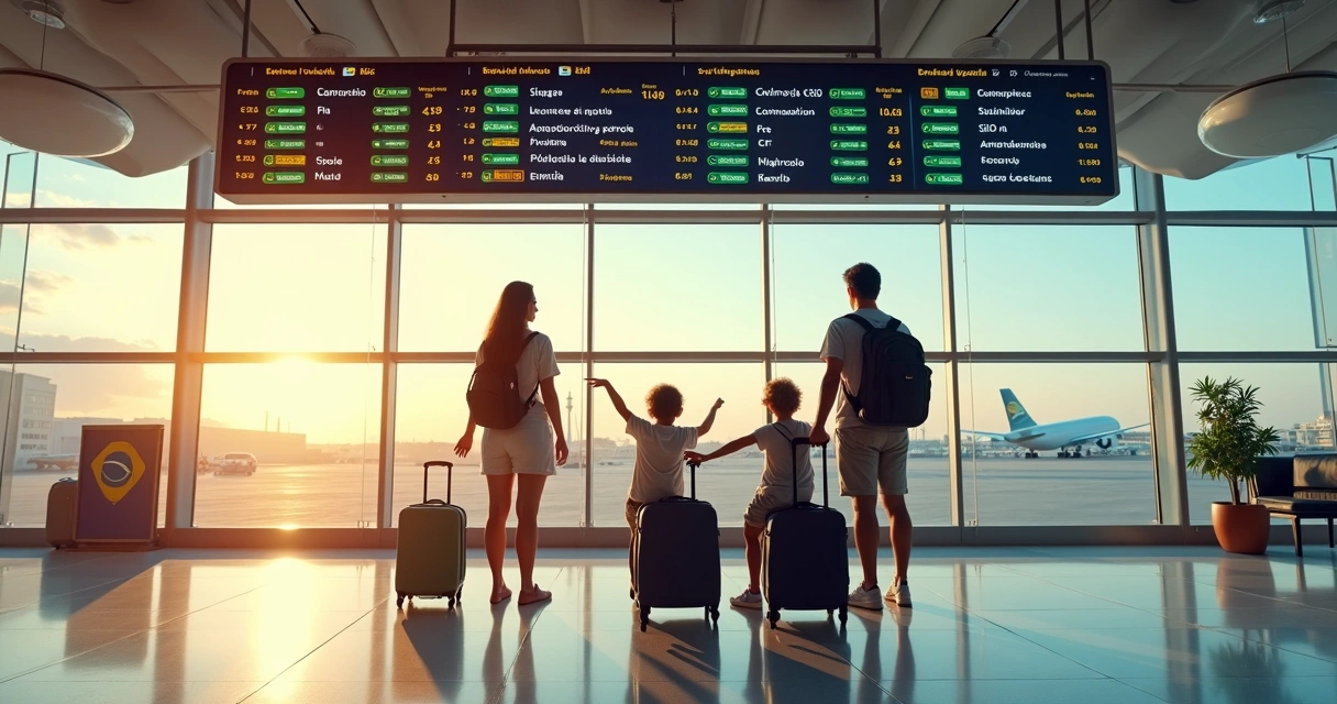 Família brasileira observando painel de voos em aeroporto se preparando para férias de julho 