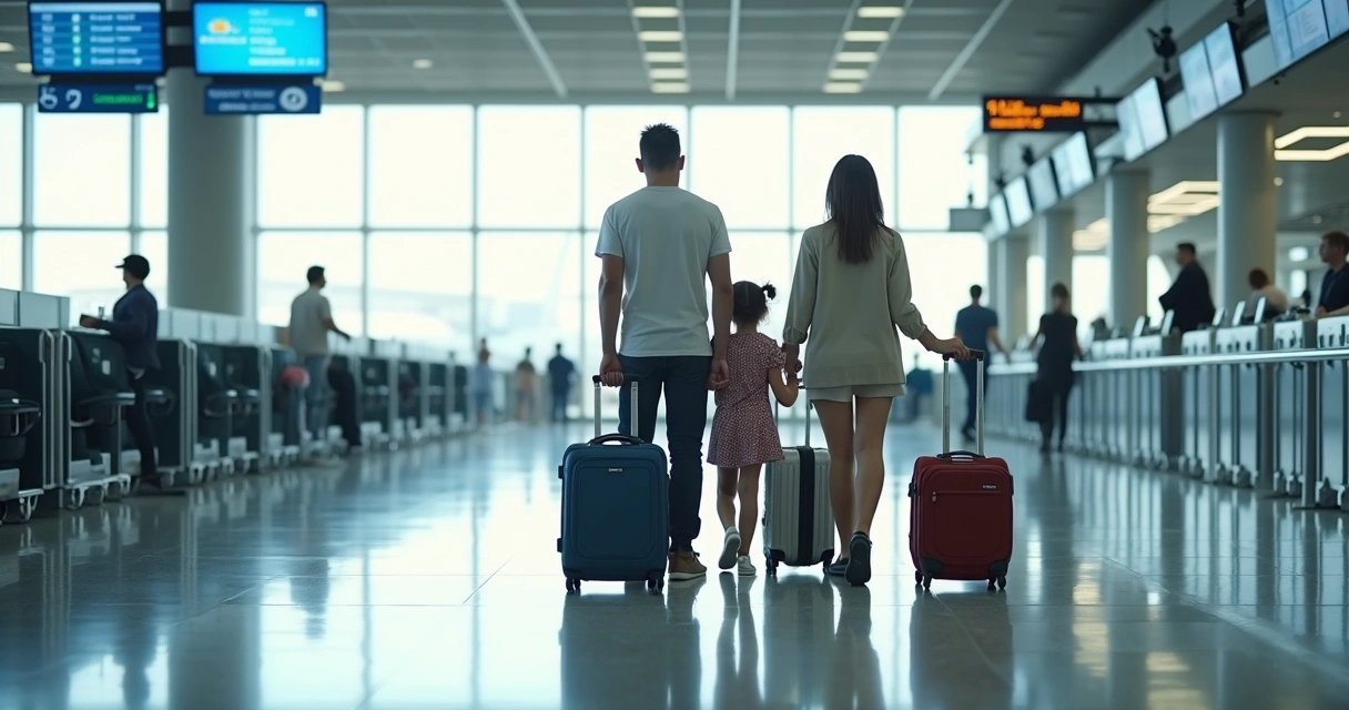 Família no aeroporto com passaportes e malas de viagem