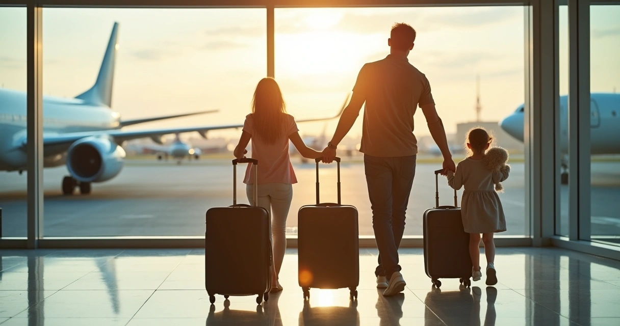 Família caminhando junta com malas no saguão do aeroporto ao amanhecer 