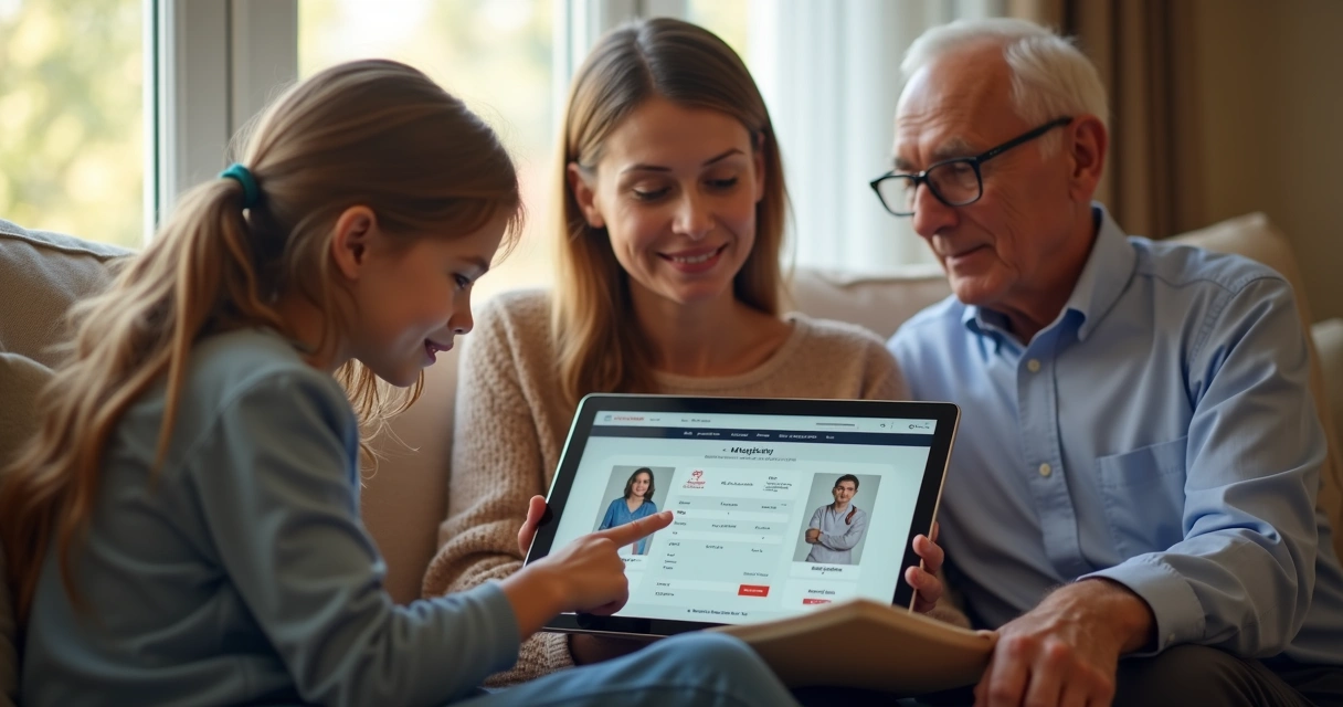 Família sentada no sofá usando tablet para agendar consulta médica 