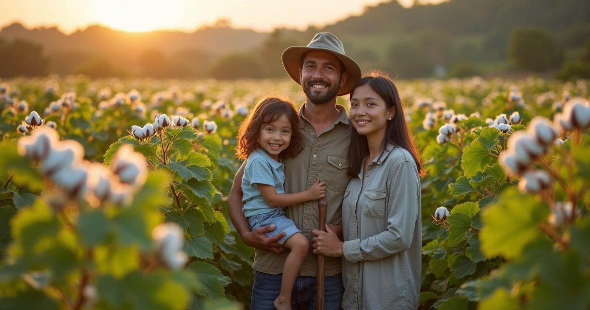 Família de agricultores sorrindo em plantação de algodão 