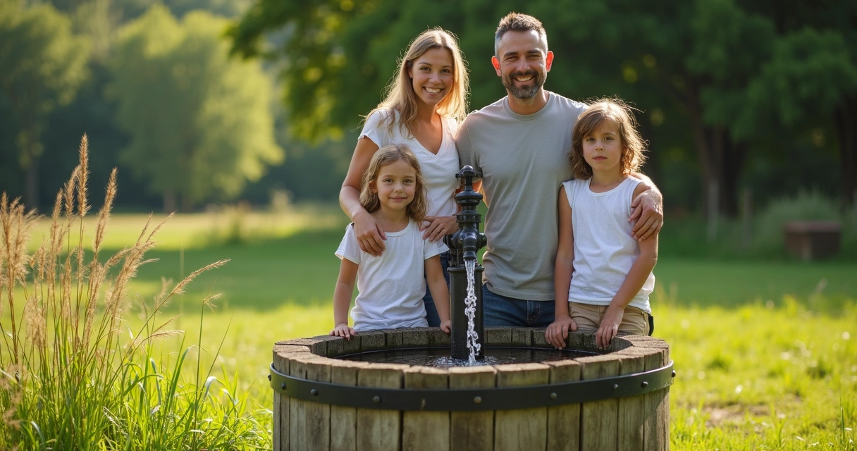 Família feliz perto de poço caipira com balde e bomba d’água 
