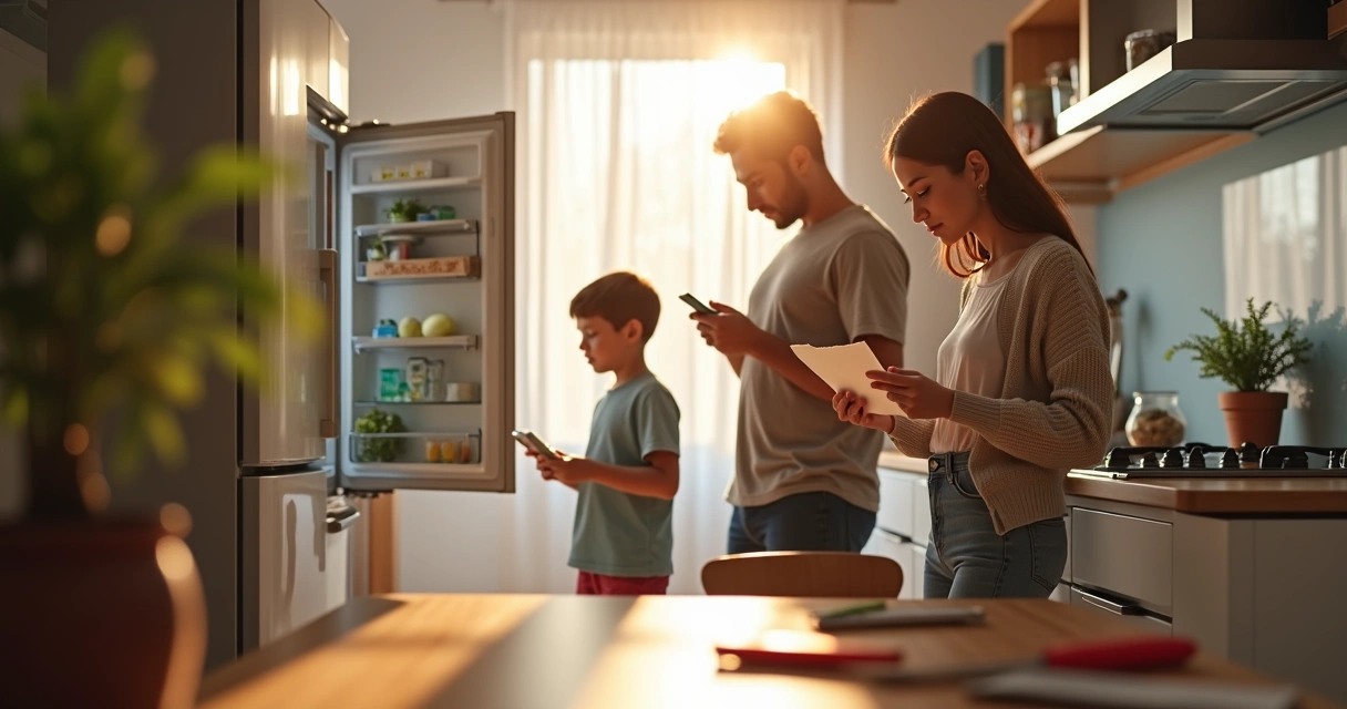 Família esperando pelo conserto de geladeira em cozinha residencial 