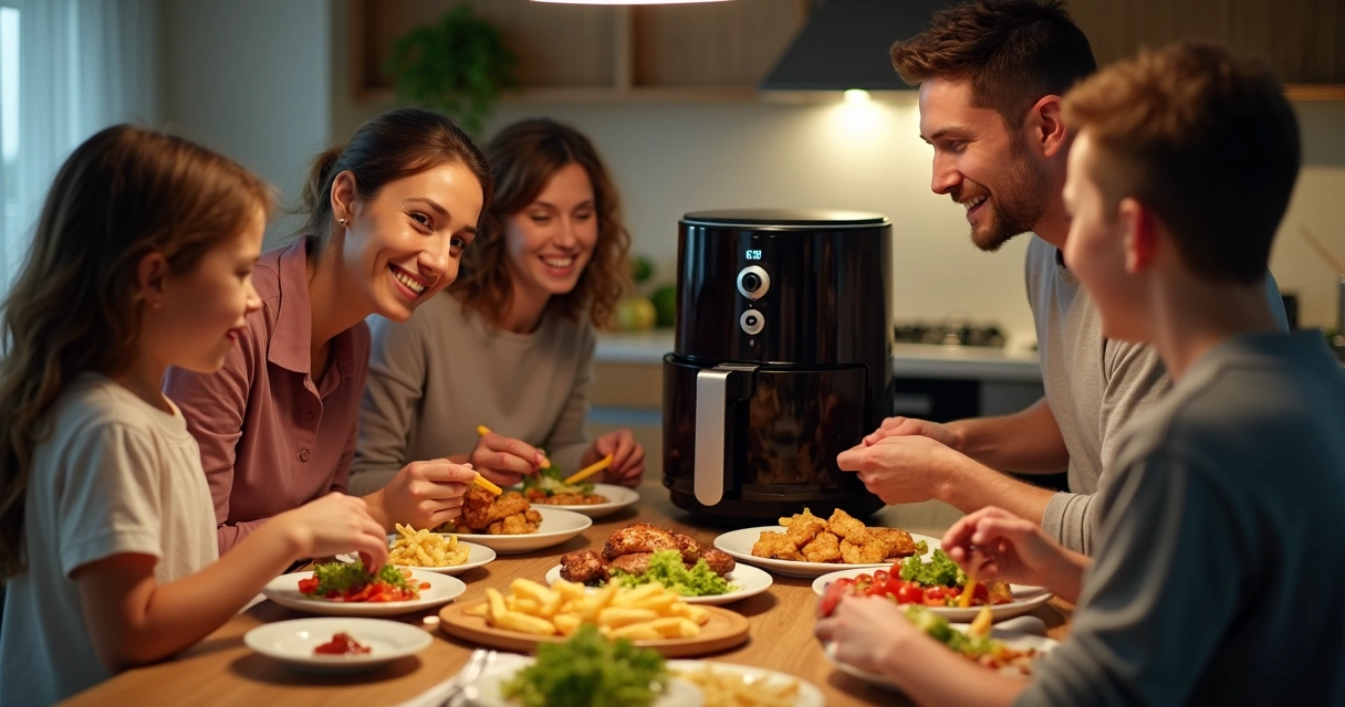 Família usando air fryer grande na mesa de jantar 