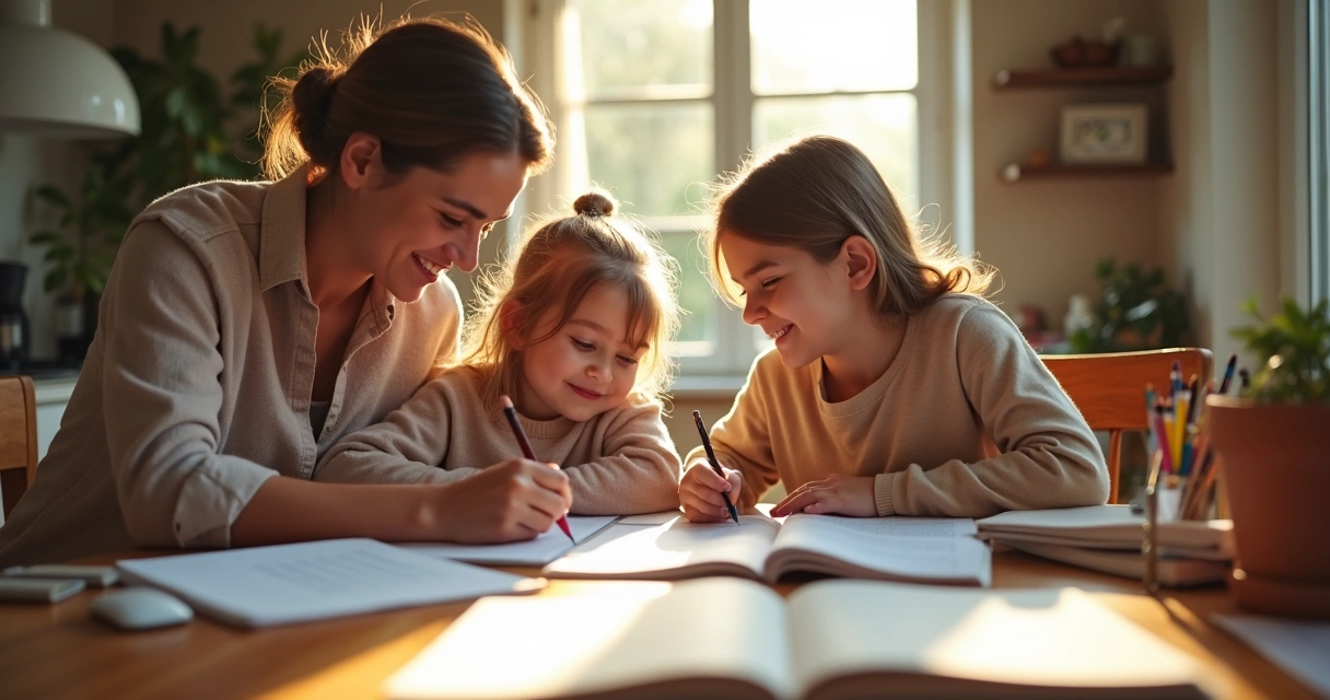 Família reunida ajudando em tarefa do 2º ano 