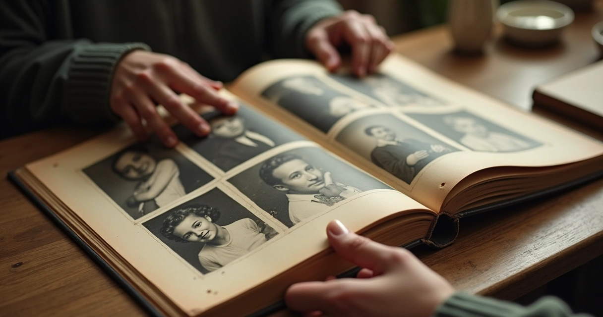 Álbum antigo aberto com retratos de família e mãos folheando páginas 