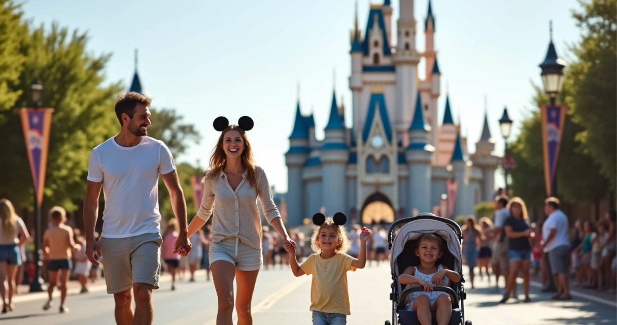 Família caminhando em parque temático com carrinho de bebê à frente do castelo da Disney 