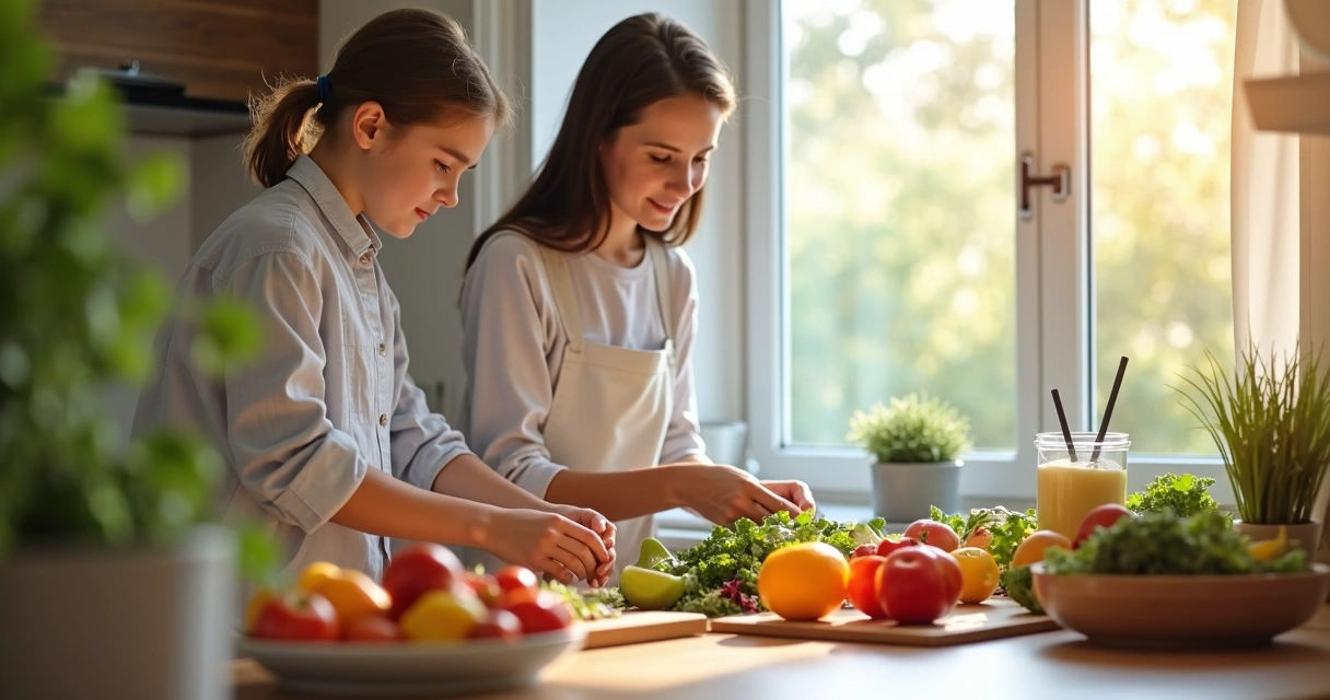 Família preparando refeição saudável com criança na cozinha