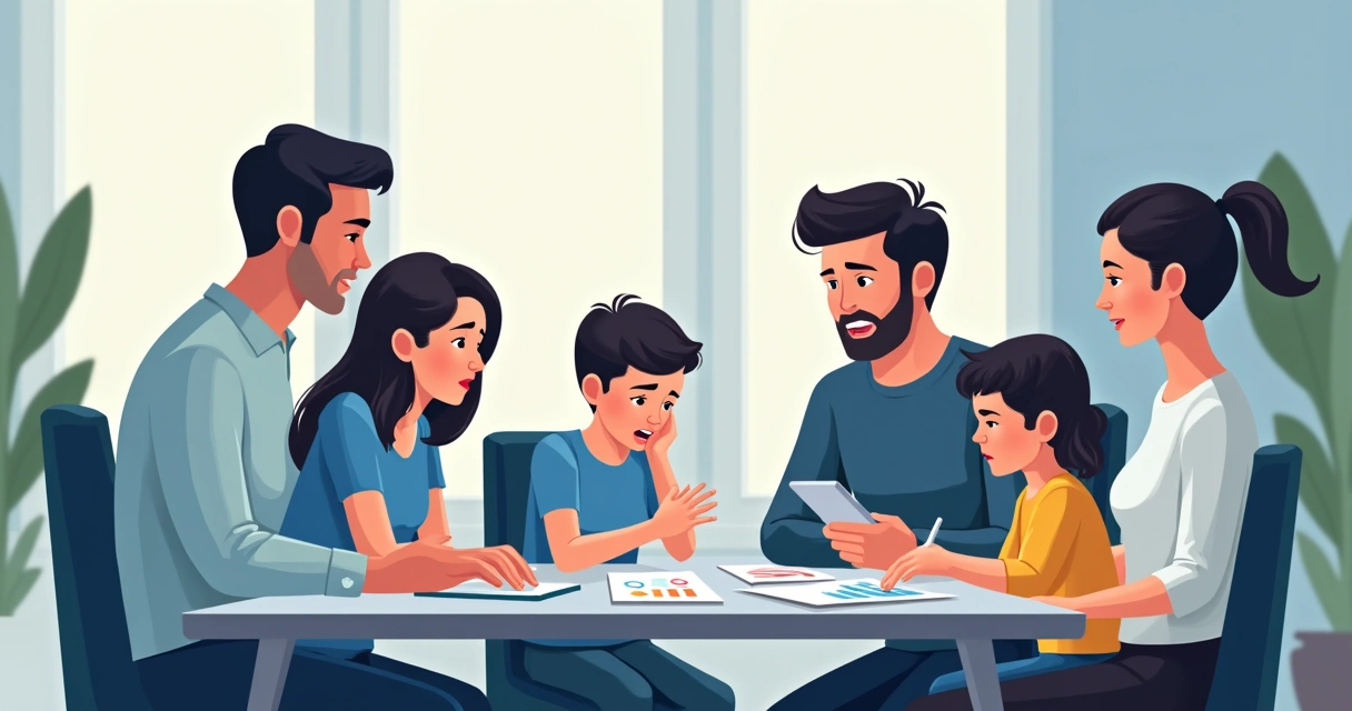 Família de alta renda conversando com consultor sob análise de gráficos de riscos 