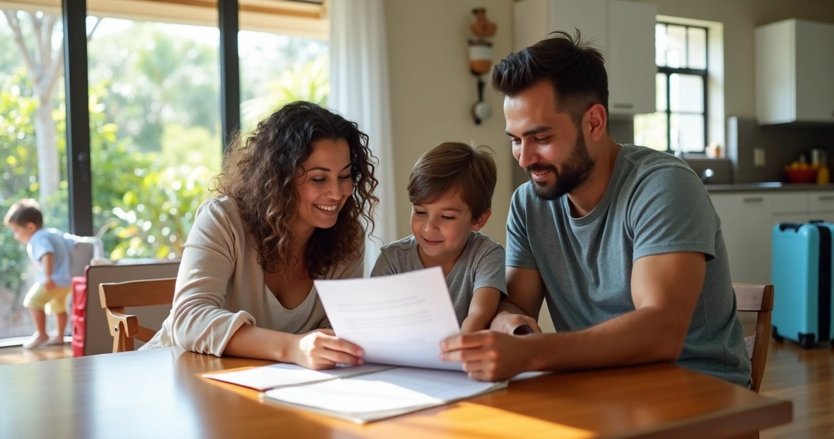 Família analisando contrato de aluguel em casa confortável em Orlando 