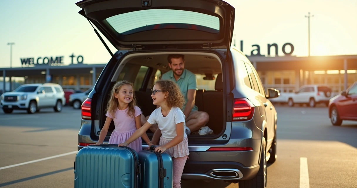 Família feliz colocando malas em porta-malas de um SUV no aeroporto de Orlando