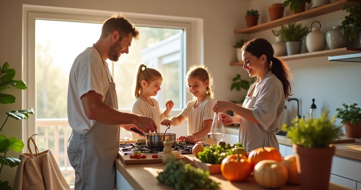 Família preparando refeição juntos em cozinha de imóvel de temporada 