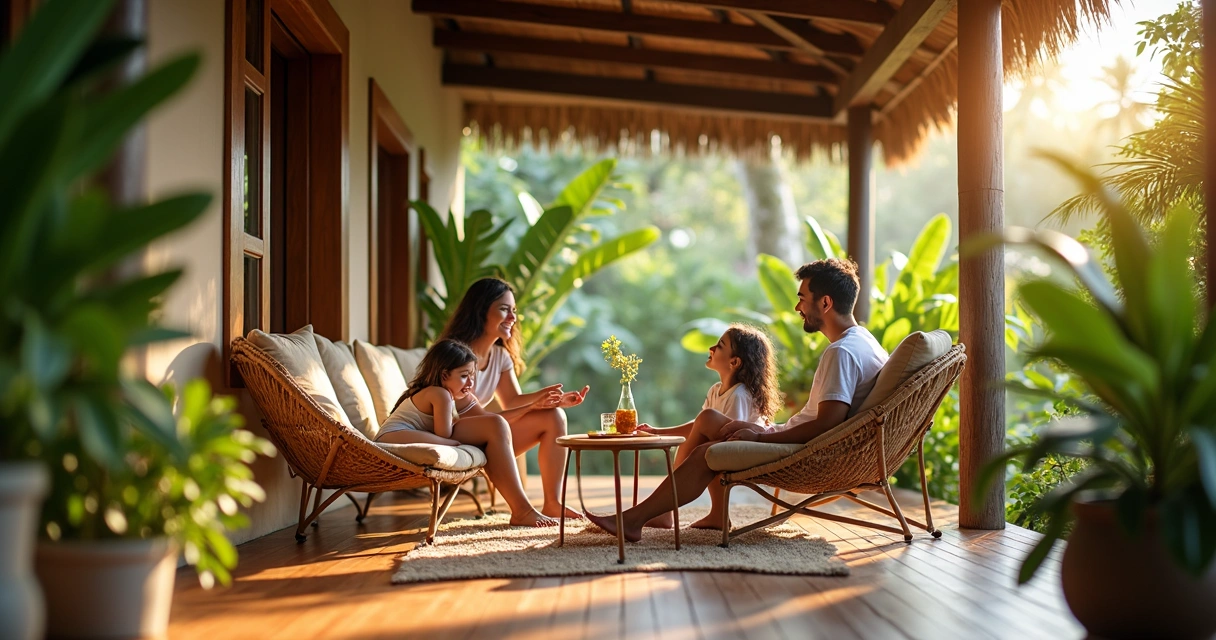 Família feliz em varanda de casa de temporada em Ilha Grande