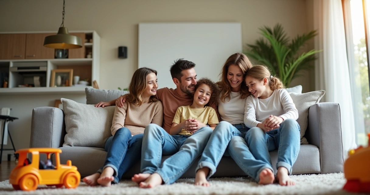 Pai, mãe e dois filhos relaxando em sala de casa alugada em Orlando. 