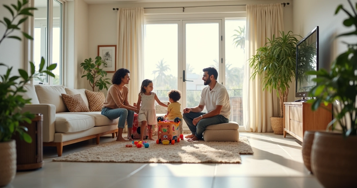 Família brasileira feliz em sala de casa alugada em Orlando, crianças olhando para brinquedos e adultos conversando na mesa 