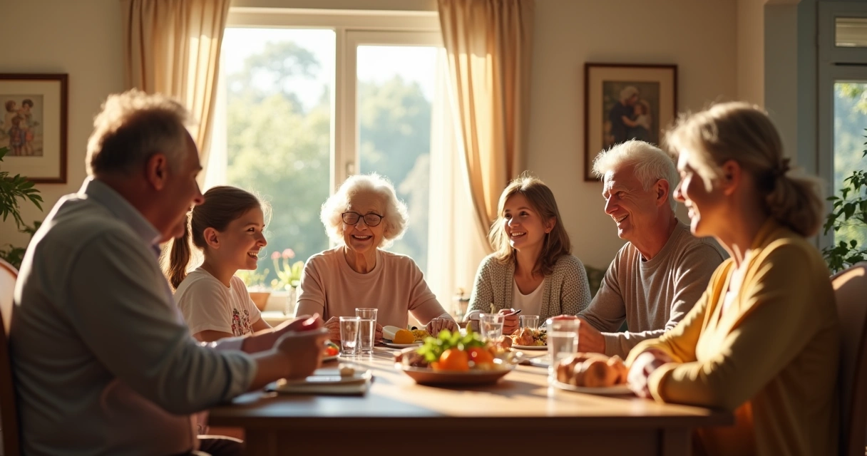 Família sentada ao redor de uma mesa de jantar, conversando em ambiente acolhedor