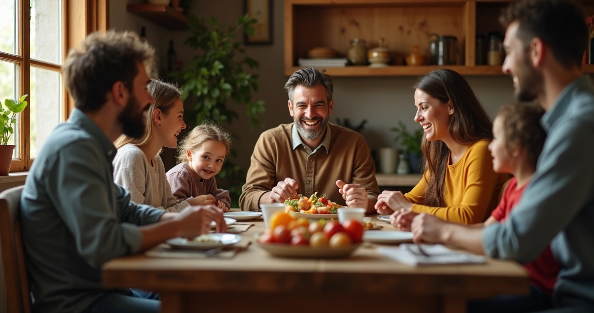 Família reunida sorrindo durante uma refeição 