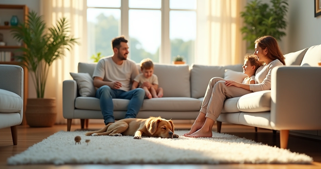 Dedetização contra formigas: como eliminar infestação rápido e seguro 2 Família relaxando em sala livre de pragas após dedetização