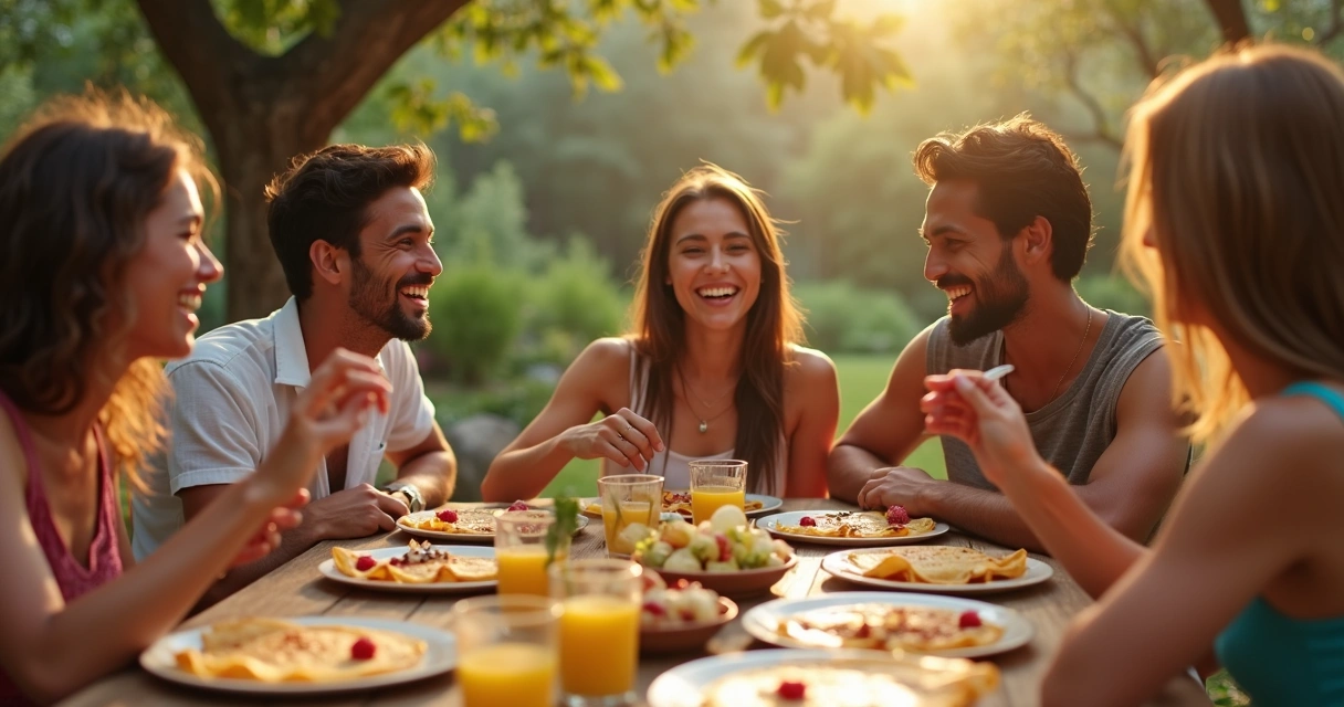 Família e amigos reunidos comendo crepes 