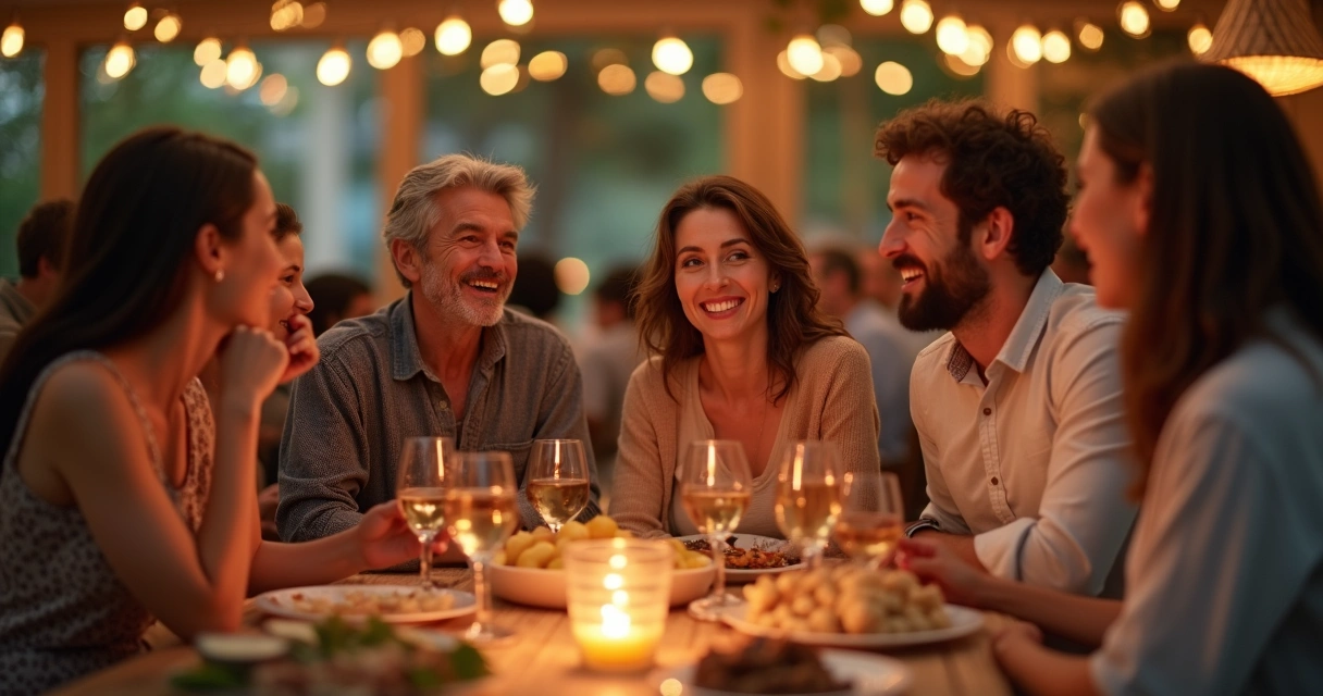 Grupo de amigos e familiares em evento social. 