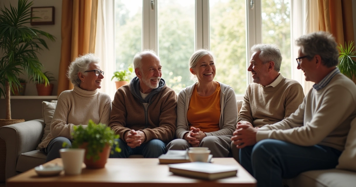 Grupo de amigos de diferentes idades sentados em uma sala iluminada conversando e sorrindo 