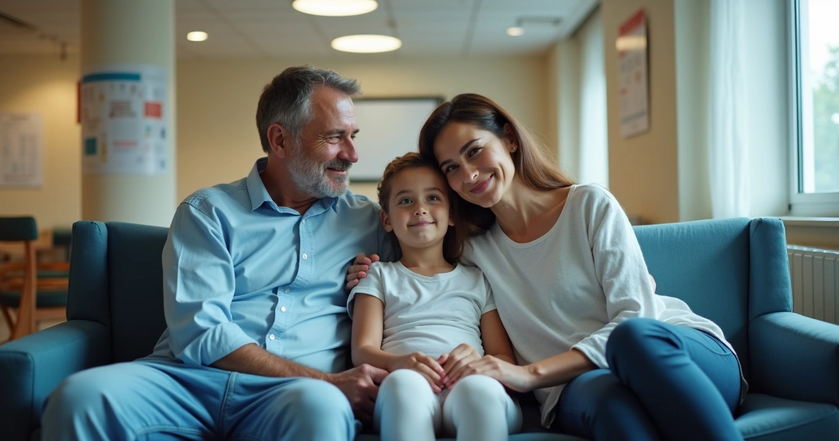 Família sentada em sala de espera hospitalar, demonstrando calma e união após cirurgia 