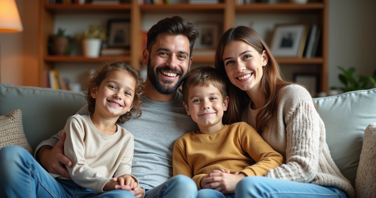 Família reunida no sofá, sorrindo e abraçada, transmitindo sensação de segurança 