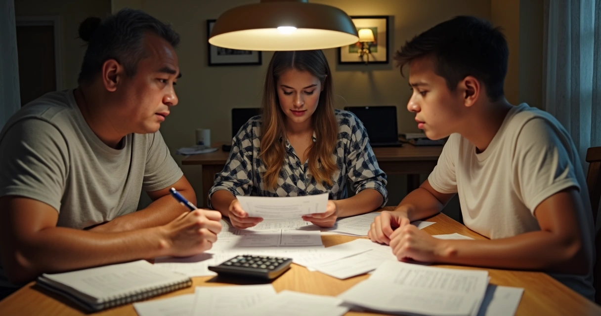 Família brasileira analisando contas e finanças na mesa de jantar 