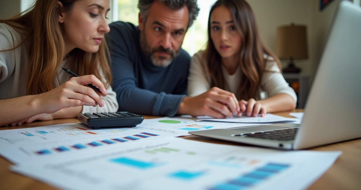 Família reunida analisando planilhas de finanças e gráficos coloridos na mesa 