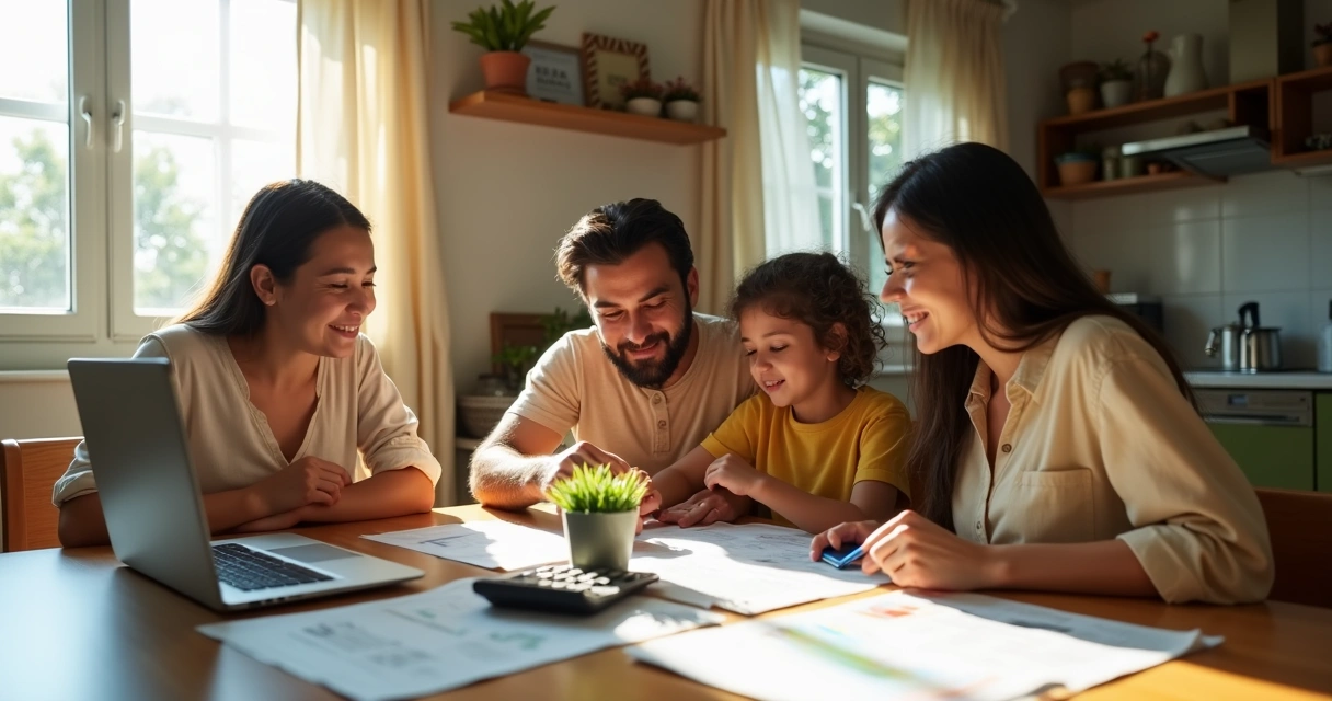 Família analisa simulação de financiamento imobiliário com papéis e notebook na mesa 