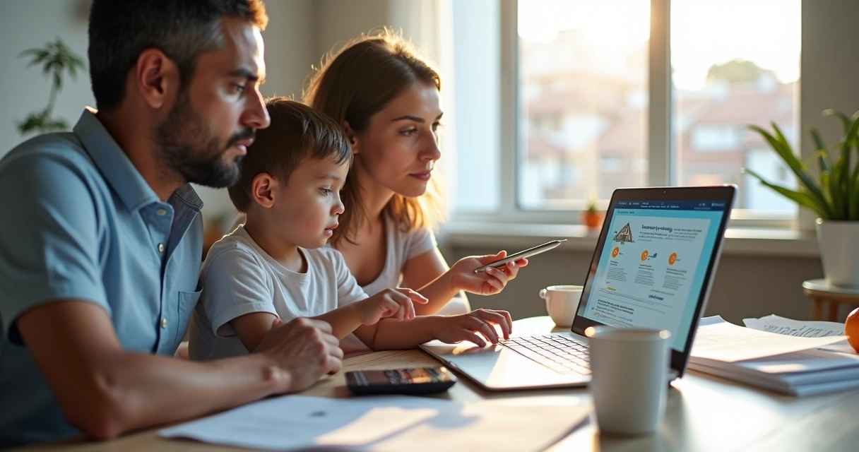 Família analisando aprovação de financiamento imobiliário no notebook 