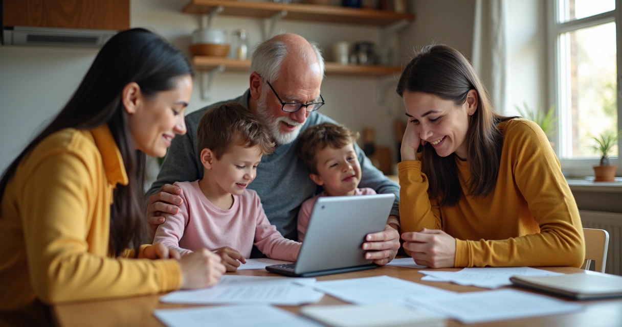 Família reunida analisando opções de plano de saúde 
