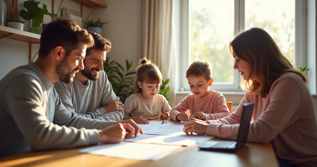 Família em sala iluminada analisando documentos de plano de saúde com calculadora e laptop sobre a mesa 