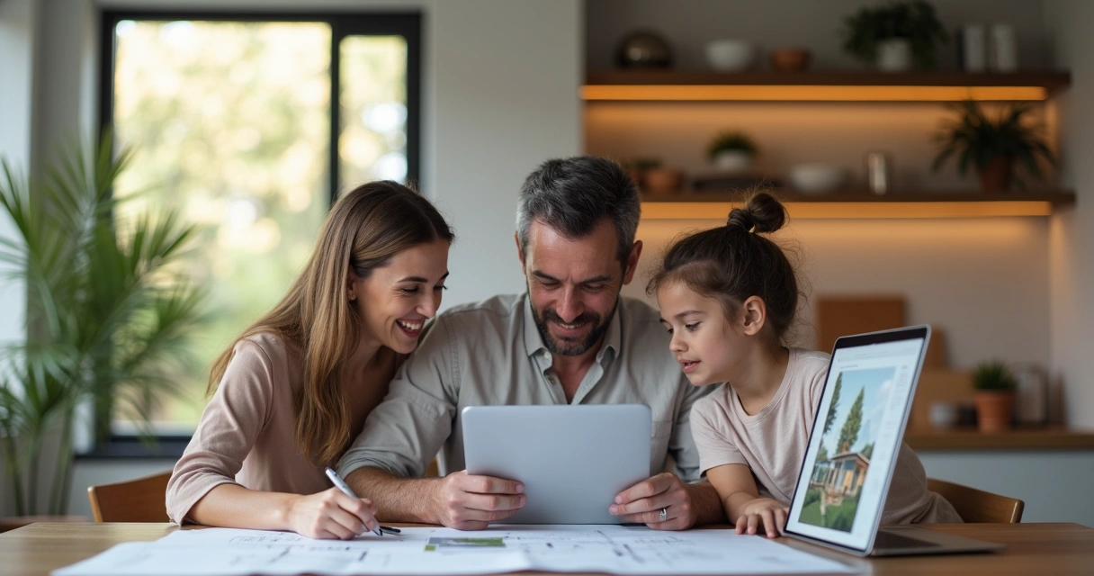 Família analisando simulação de financiamento na sala 