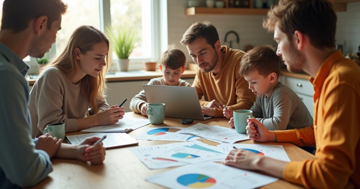 Família analisando taxas de financiamento imobiliário com papéis e notebook na mesa 