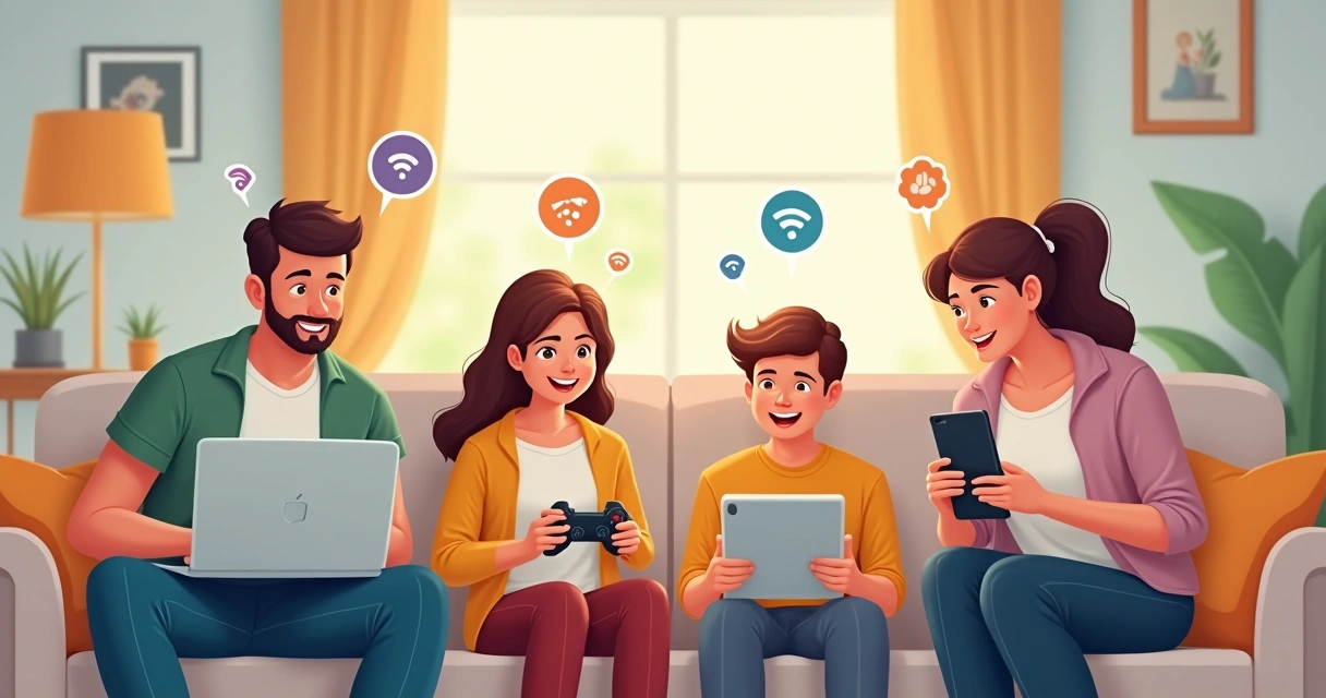 Família observando juntos o uso da internet em diferentes dispositivos na sala de casa. 