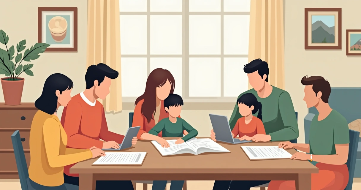 Família reunida analisando apólice de seguro com expressão de atenção 