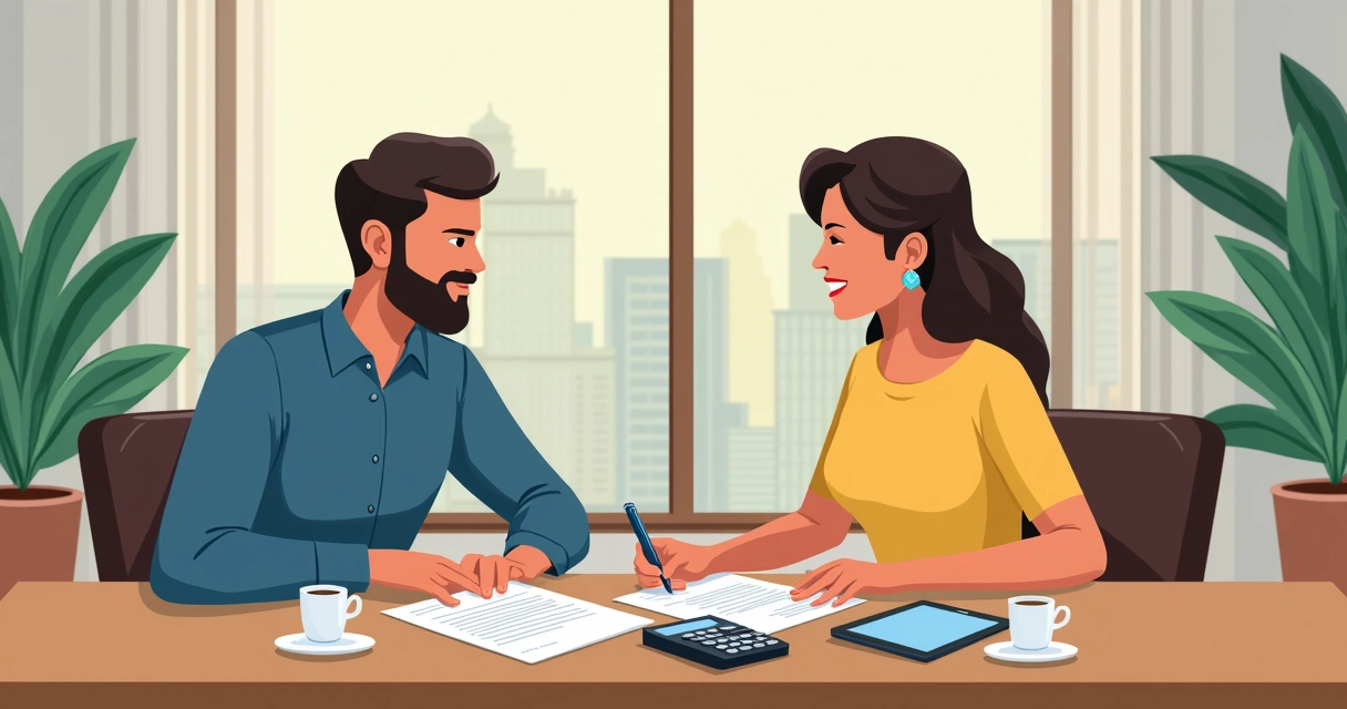 Casal sentado em uma mesa analisando contrato de seguro de vida com calculadora e papéis 