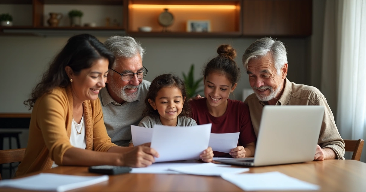 Família analisando documentos de holding em uma mesa 
